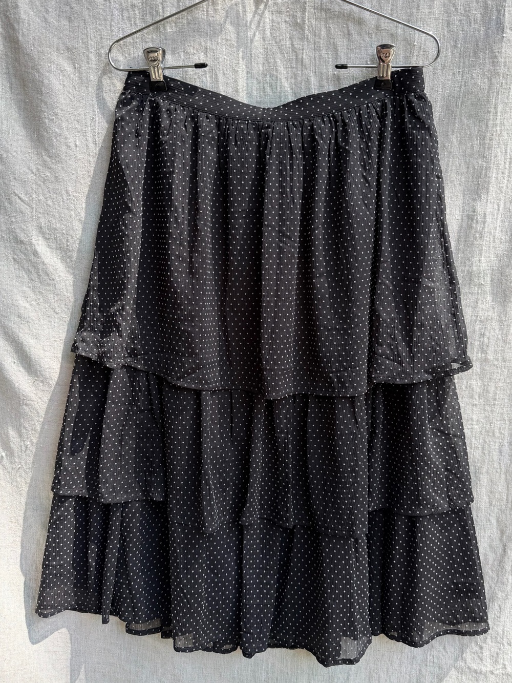 J Crew Black Polka Dot Ruffle Tiered Midi Skirt